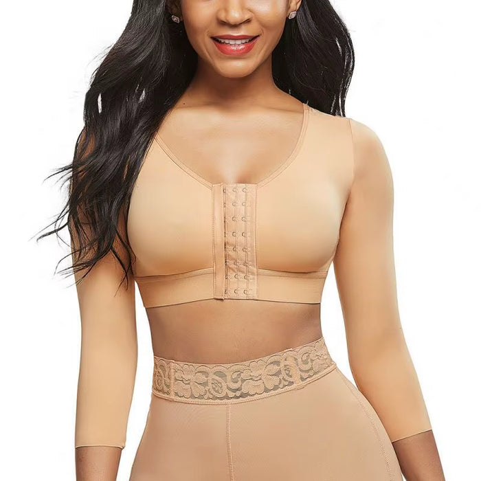 Women'S Front Closure Posture Corrector Bra 3/4 Sleeve Arm Compression Shapewear Top Wireless High Support Compression Bra