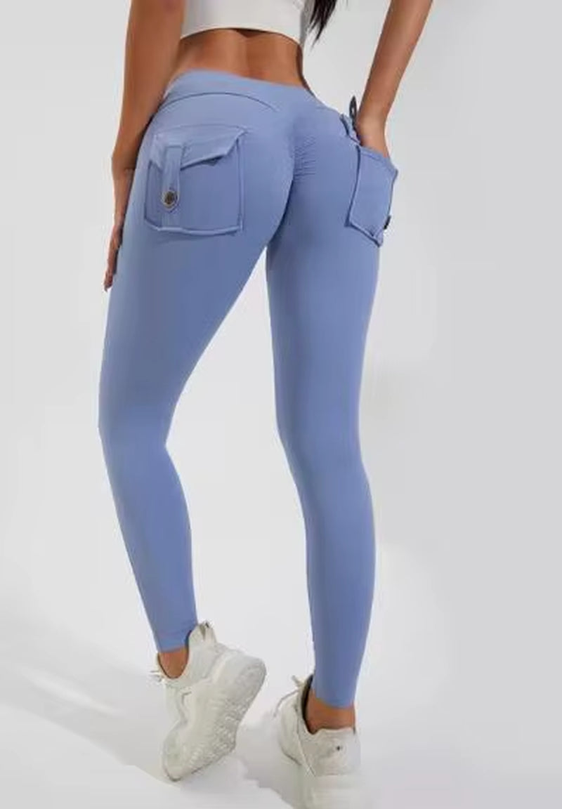 Hot Selling Women'S Sports Fitness Pants Peach Buttocks Cross-Border Cargo Pocket Hip Lift Yoga Solid Seamless Yoga Clot