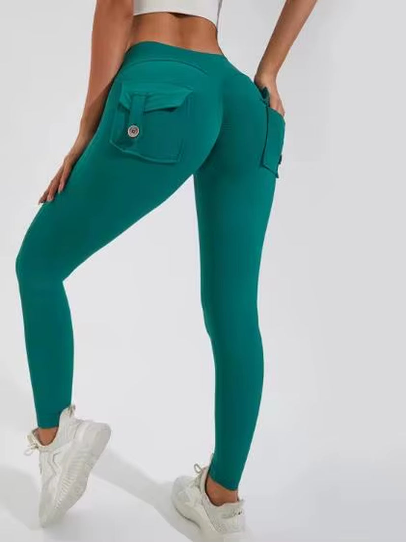 Hot Selling Women'S Sports Fitness Pants Peach Buttocks Cross-Border Cargo Pocket Hip Lift Yoga Solid Seamless Yoga Clot