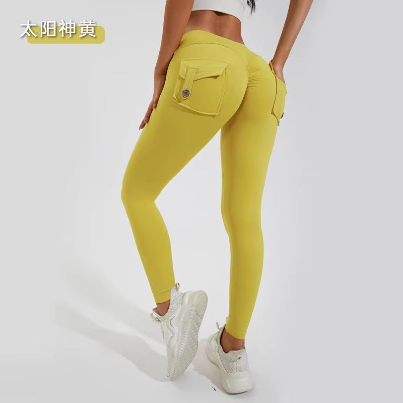 Hot Selling Women'S Sports Fitness Pants Peach Buttocks Cross-Border Cargo Pocket Hip Lift Yoga Solid Seamless Yoga Clot