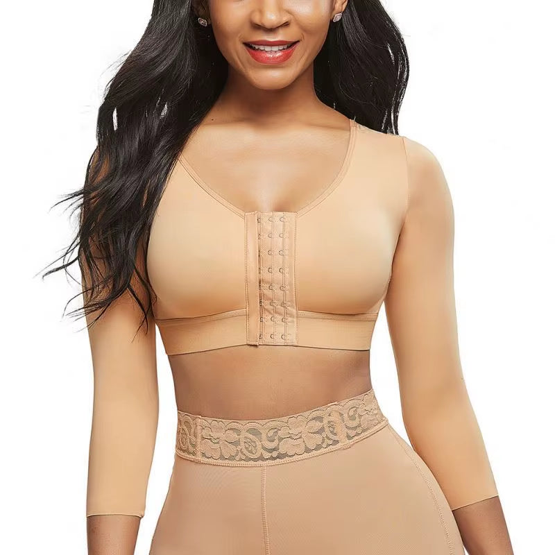 Women'S Front Closure Posture Corrector Bra 3/4 Sleeve Arm Compression Shapewear Top Wireless High Support Compression Bra