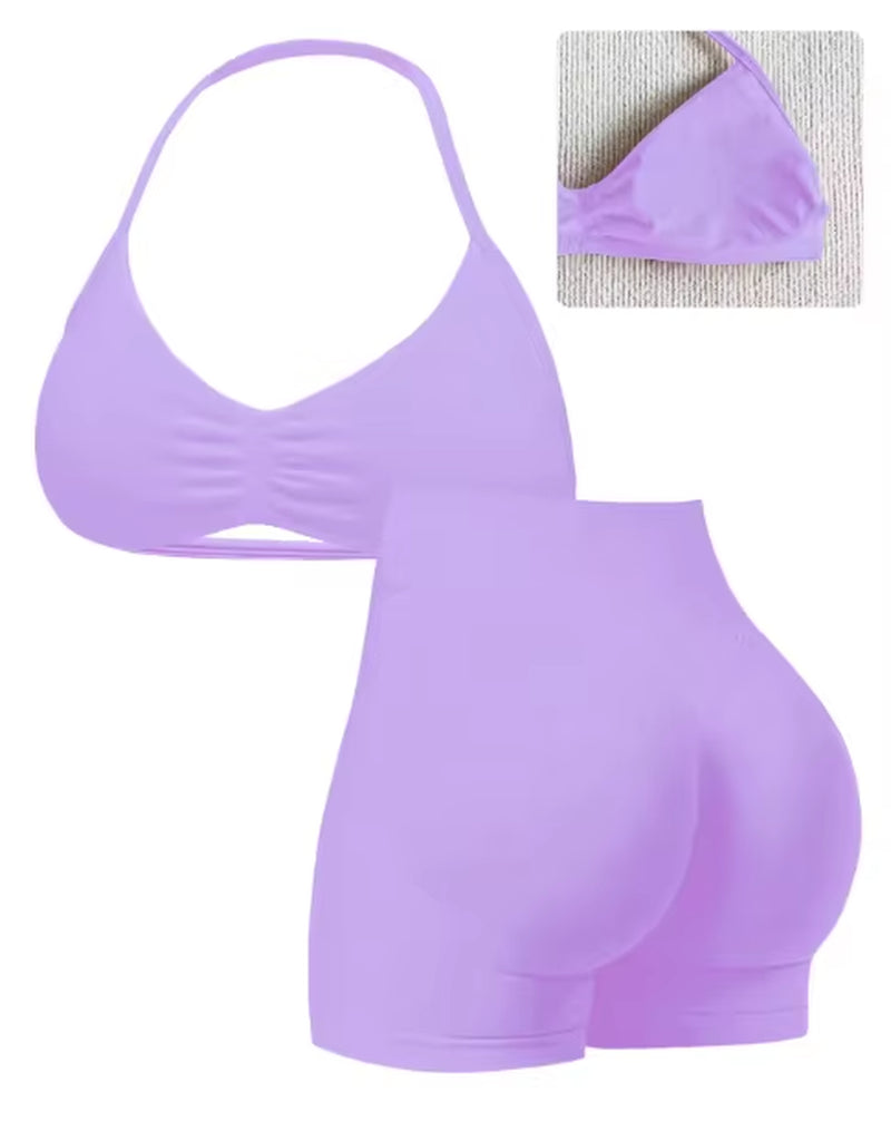 2 Seamless High-Elastic Halter-Neck Back-Slimming Bra High-Waist Butt-Lifting Pants Two-Piece