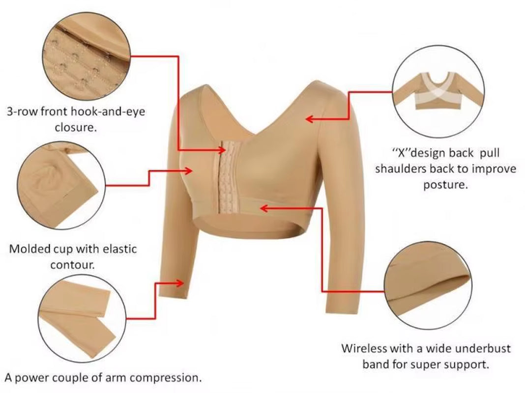 Women'S Front Closure Posture Corrector Bra 3/4 Sleeve Arm Compression Shapewear Top Wireless High Support Compression Bra