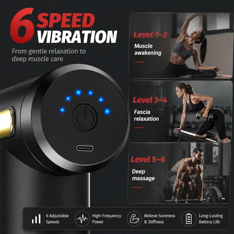 Multifunctional Massage Gun - Home Travel Lightweight USB Rechargeable Massage Device, 6 Speeds Adjustable, Ultra-Quiet Brushless Motor, 4 Replaceable Heads, ABS Plastic, for Muscle Relief, Self Care Gift for Him