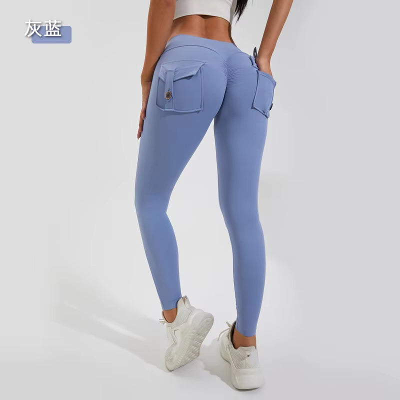Hot Selling Women'S Sports Fitness Pants Peach Buttocks Cross-Border Cargo Pocket Hip Lift Yoga Solid Seamless Yoga Clot