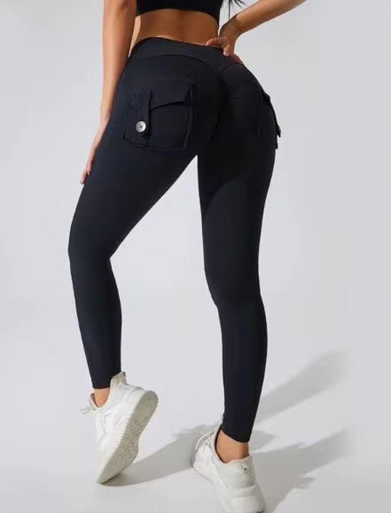 Hot Selling Women'S Sports Fitness Pants Peach Buttocks Cross-Border Cargo Pocket Hip Lift Yoga Solid Seamless Yoga Clot