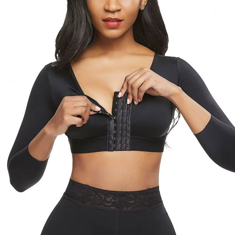 Women'S Front Closure Posture Corrector Bra 3/4 Sleeve Arm Compression Shapewear Top Wireless High Support Compression Bra