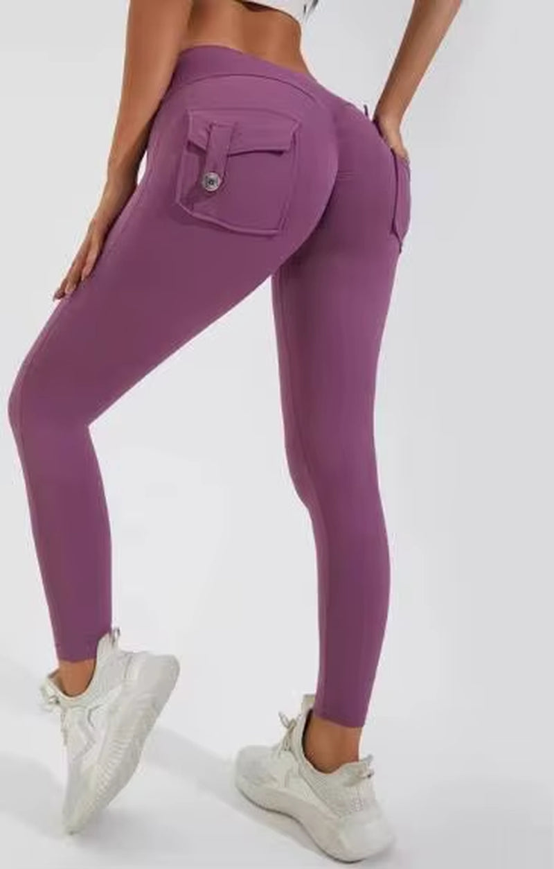 Hot Selling Women'S Sports Fitness Pants Peach Buttocks Cross-Border Cargo Pocket Hip Lift Yoga Solid Seamless Yoga Clot