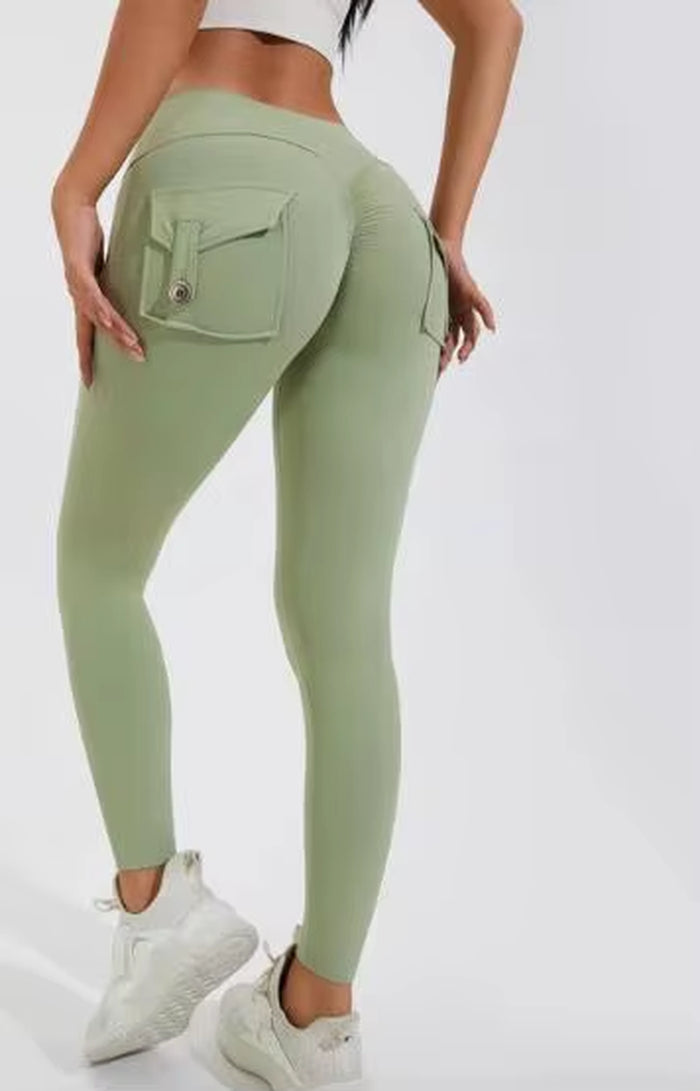 Hot Selling Women'S Sports Fitness Pants Peach Buttocks Cross-Border Cargo Pocket Hip Lift Yoga Solid Seamless Yoga Clot