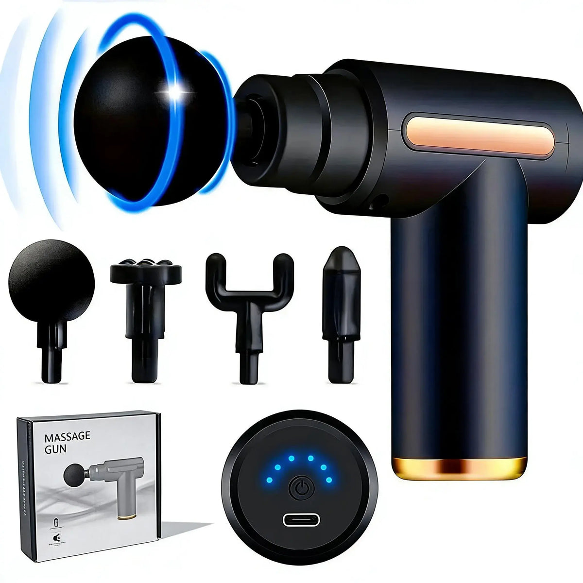 Multifunctional Massage Gun - Home Travel Lightweight USB Rechargeable Massage Device, 6 Speeds Adjustable, Ultra-Quiet Brushless Motor, 4 Replaceable Heads, ABS Plastic, for Muscle Relief, Self Care Gift for Him