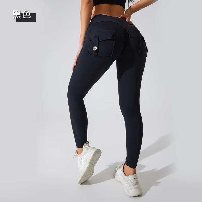 Hot Selling Women'S Sports Fitness Pants Peach Buttocks Cross-Border Cargo Pocket Hip Lift Yoga Solid Seamless Yoga Clot