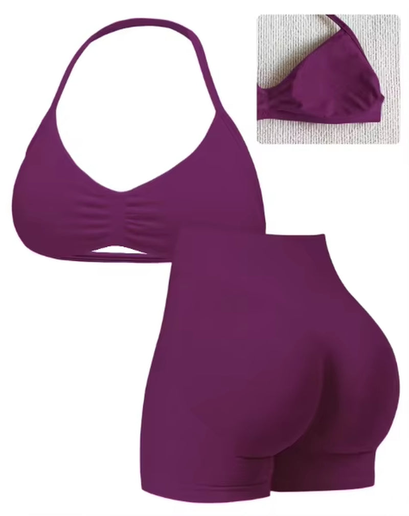 2 Seamless High-Elastic Halter-Neck Back-Slimming Bra High-Waist Butt-Lifting Pants Two-Piece