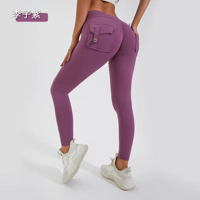 Hot Selling Women'S Sports Fitness Pants Peach Buttocks Cross-Border Cargo Pocket Hip Lift Yoga Solid Seamless Yoga Clot