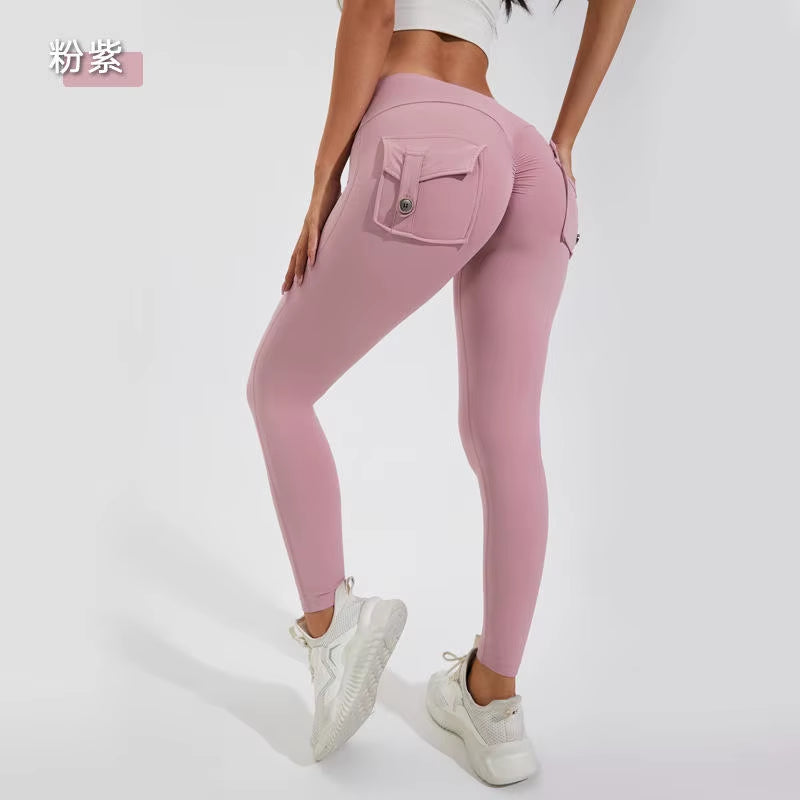 Hot Selling Women'S Sports Fitness Pants Peach Buttocks Cross-Border Cargo Pocket Hip Lift Yoga Solid Seamless Yoga Clot