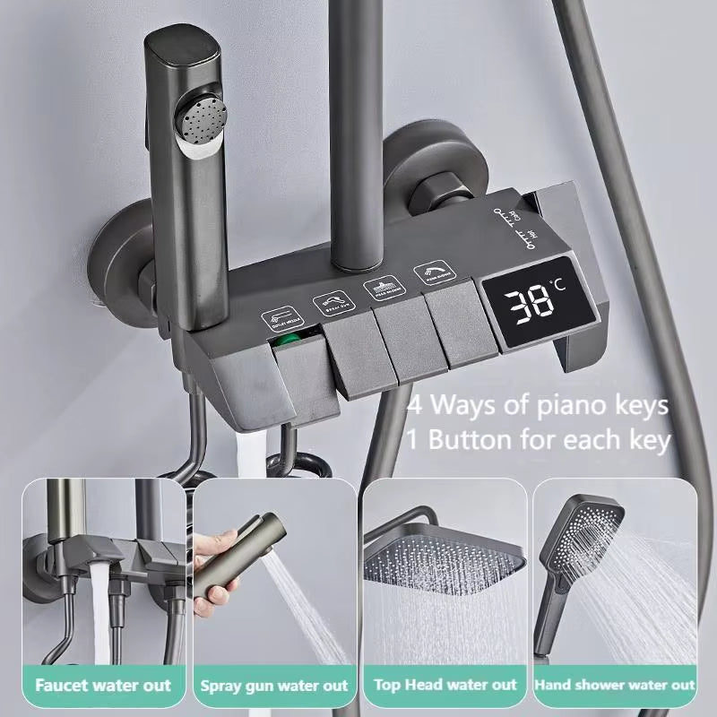Cheap Gray Piano Key Shower Set 4 Ways Water Out Bathroom Digital Display Faucet Shower System Hot and Cold 4 Modes Mixer Tap