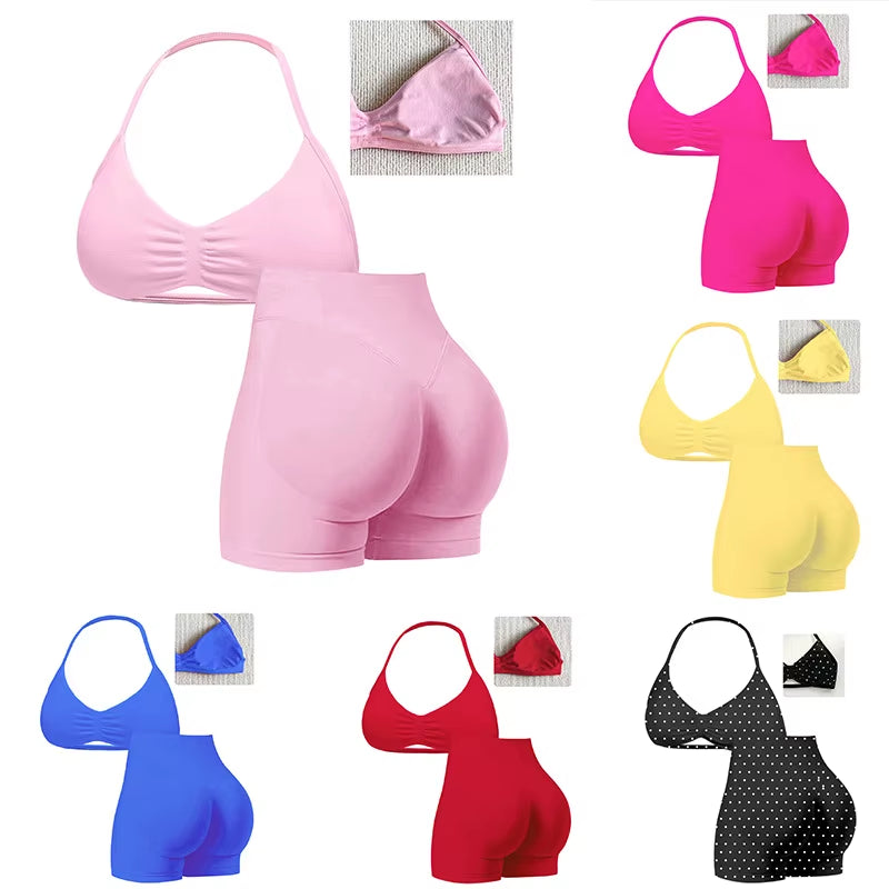 2 Seamless High-Elastic Halter-Neck Back-Slimming Bra High-Waist Butt-Lifting Pants Two-Piece