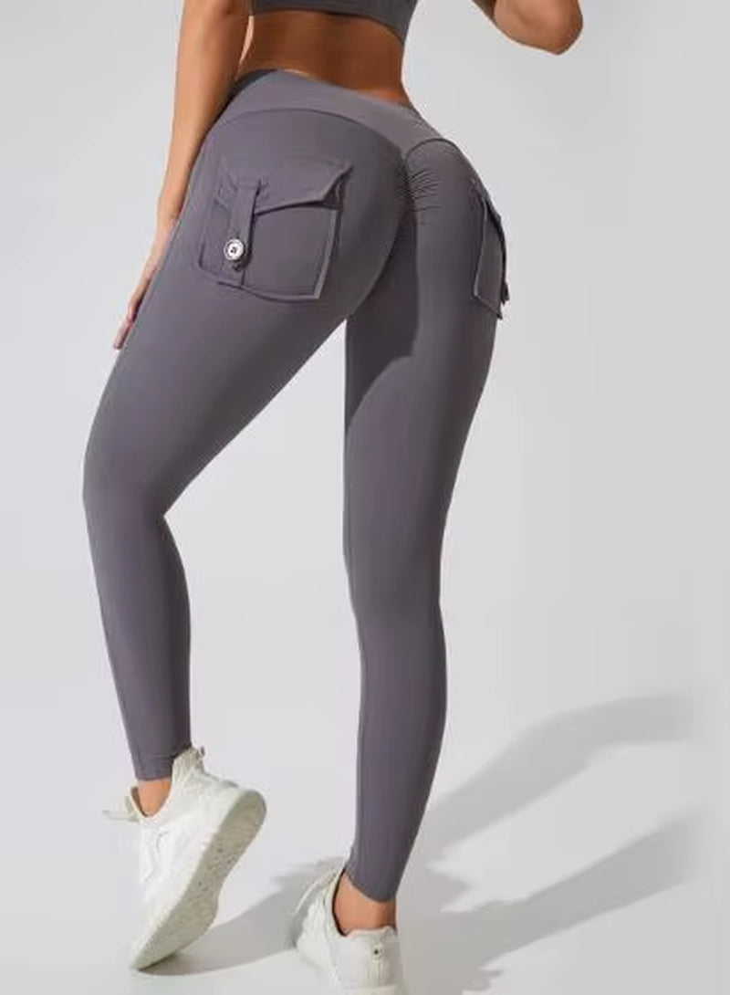 Hot Selling Women'S Sports Fitness Pants Peach Buttocks Cross-Border Cargo Pocket Hip Lift Yoga Solid Seamless Yoga Clot