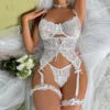 Women Black Floral Lace Garter Corset Lingerie 2 Piece Set Back Lace Up Bow Spaghetti Strap Thigh Harness Underwear