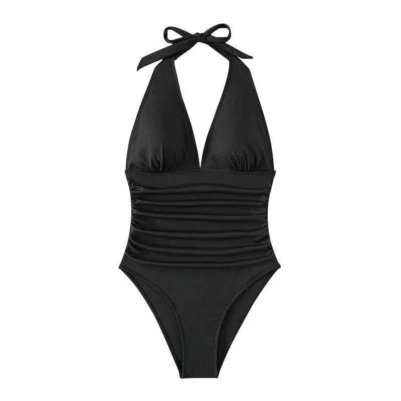 Vintage One Piece Swimsuit Sexy Solid Swimming Suit for Women Summer Deep V Neck Swimwear Bathing Suits Halter Ladies Swimsuits