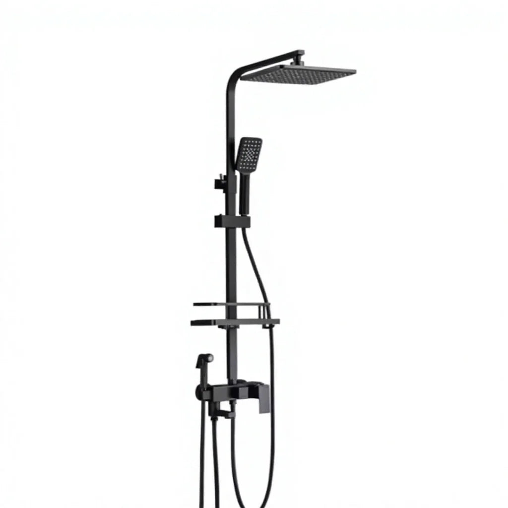 Matte Black Square Rain Shower System with Shelf