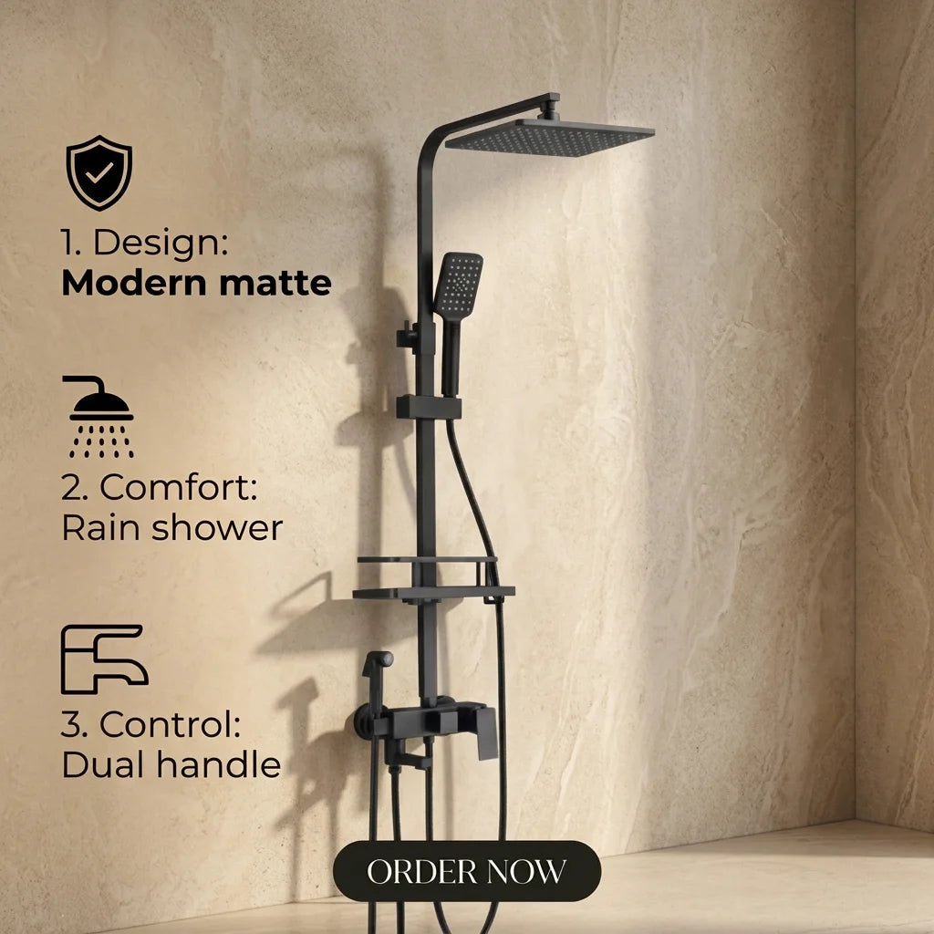 Matte Black Square Rain Shower System with Shelf