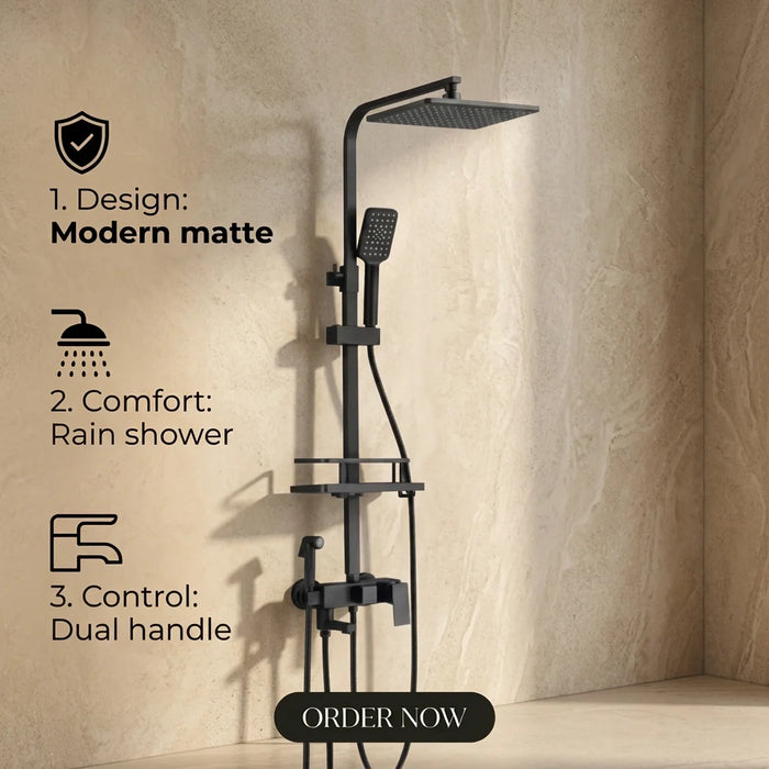 Matte Black Square Rain Shower System with Shelf