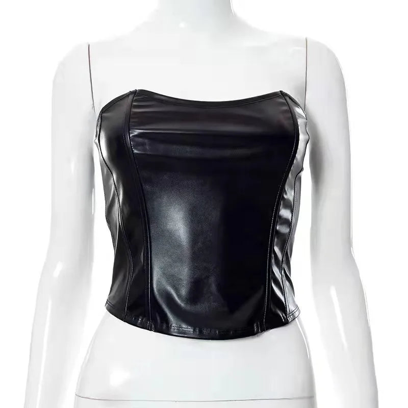 Women's Faux Leather Corset Black Red Zipper Front Bustier Corsets Top