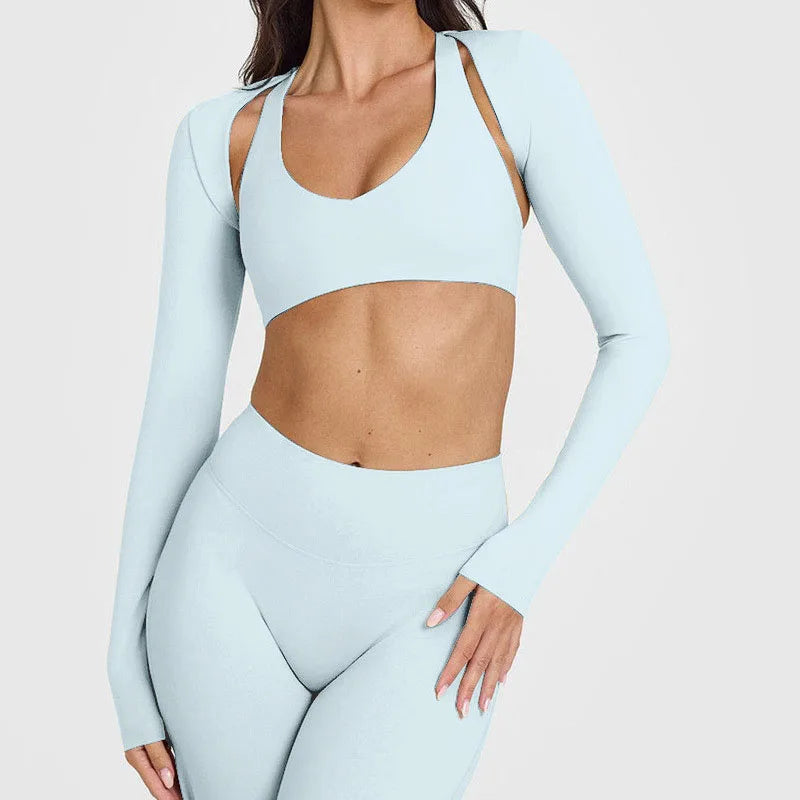 Wholesale High Quality Women's Gym Fitness Top Custom Front/Back Logo Breathable Backless Long Sleeve Seamless Regular Fit