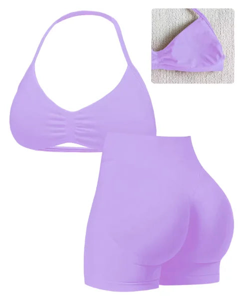 2 Seamless High-Elastic Halter-Neck Back-Slimming Bra High-Waist Butt-Lifting Pants Two-Piece