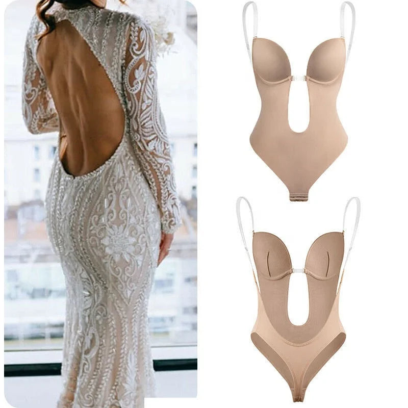 Clearance Sale Sexy Seamless U Plunge Bra Bodysuit Backless Body Shaper With Sheer Straps Push up Corset Bra Bodysuit for Women