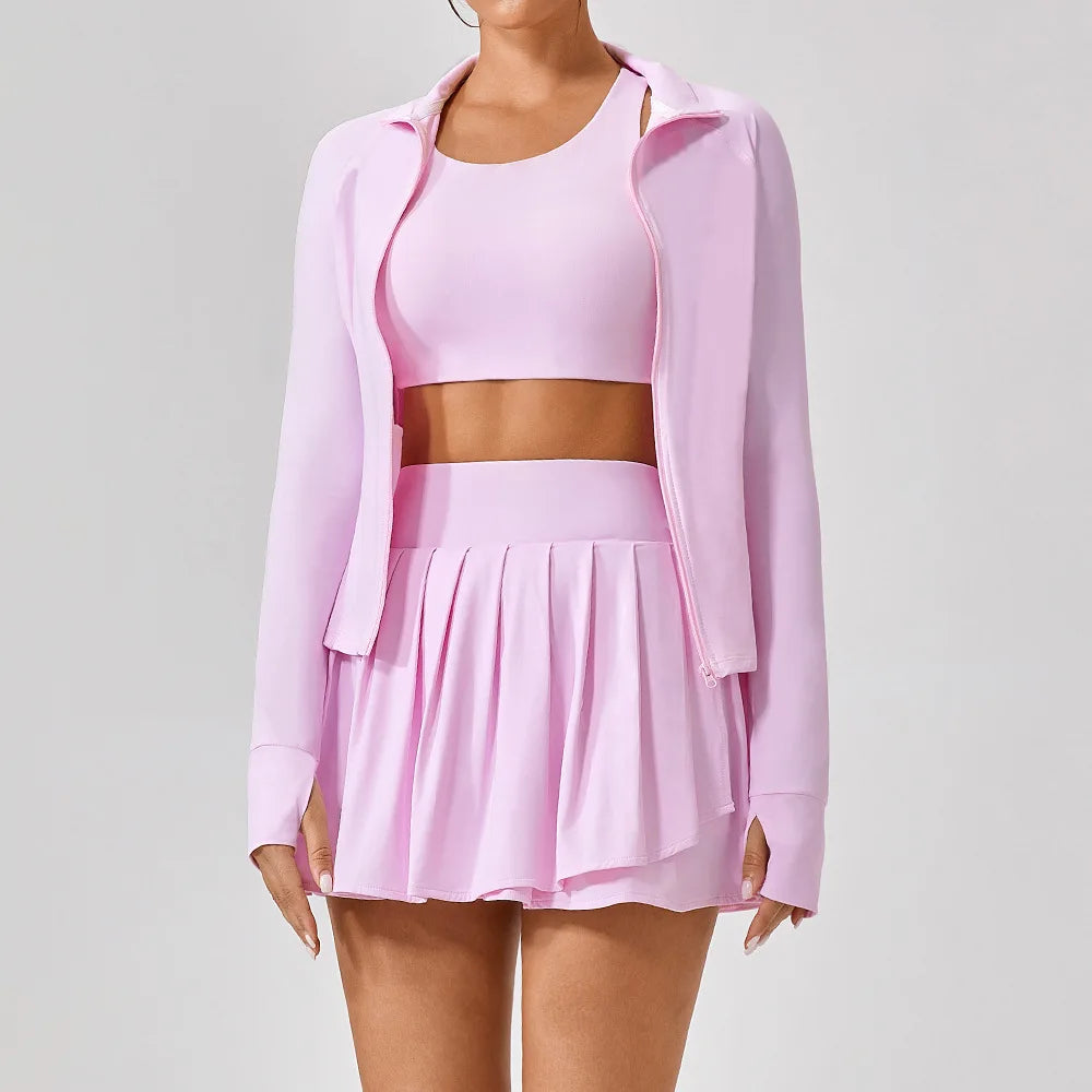 3-Piece Workout Set: Bra, Tennis Skirt & UPF50+ Jacket