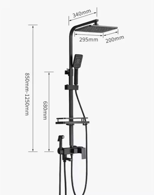 Matte Black Square Rain Shower System with Shelf
