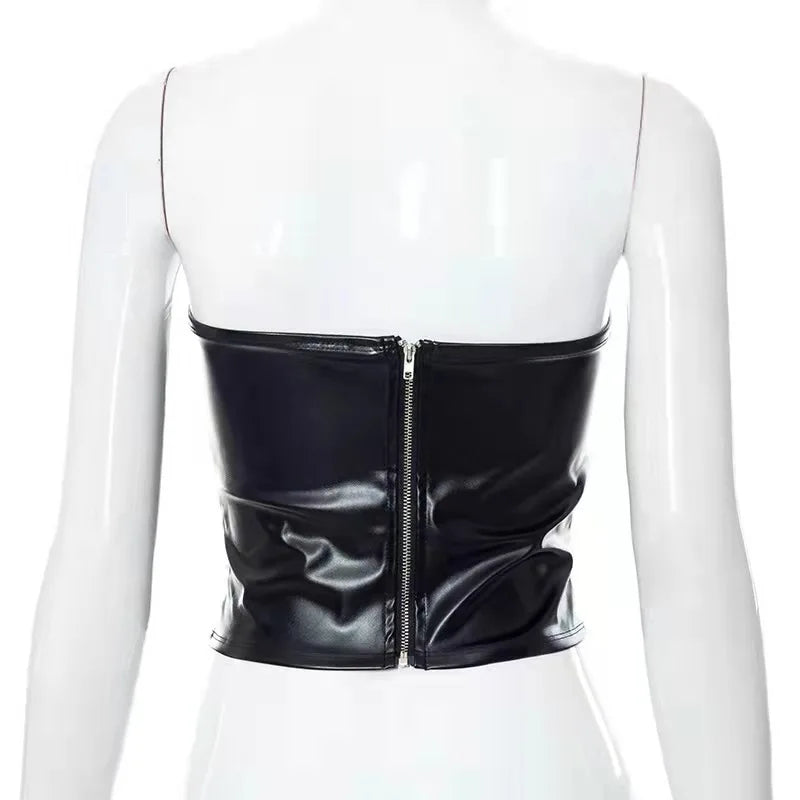 Women's Faux Leather Corset Black Red Zipper Front Bustier Corsets Top