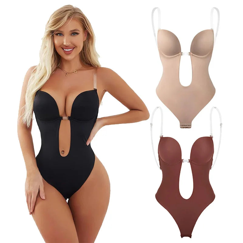 Clearance Sale Sexy Seamless U Plunge Bra Bodysuit Backless Body Shaper With Sheer Straps Push up Corset Bra Bodysuit for Women