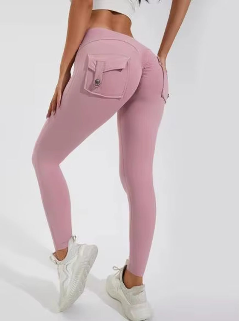 Hot Selling Women'S Sports Fitness Pants Peach Buttocks Cross-Border Cargo Pocket Hip Lift Yoga Solid Seamless Yoga Clot