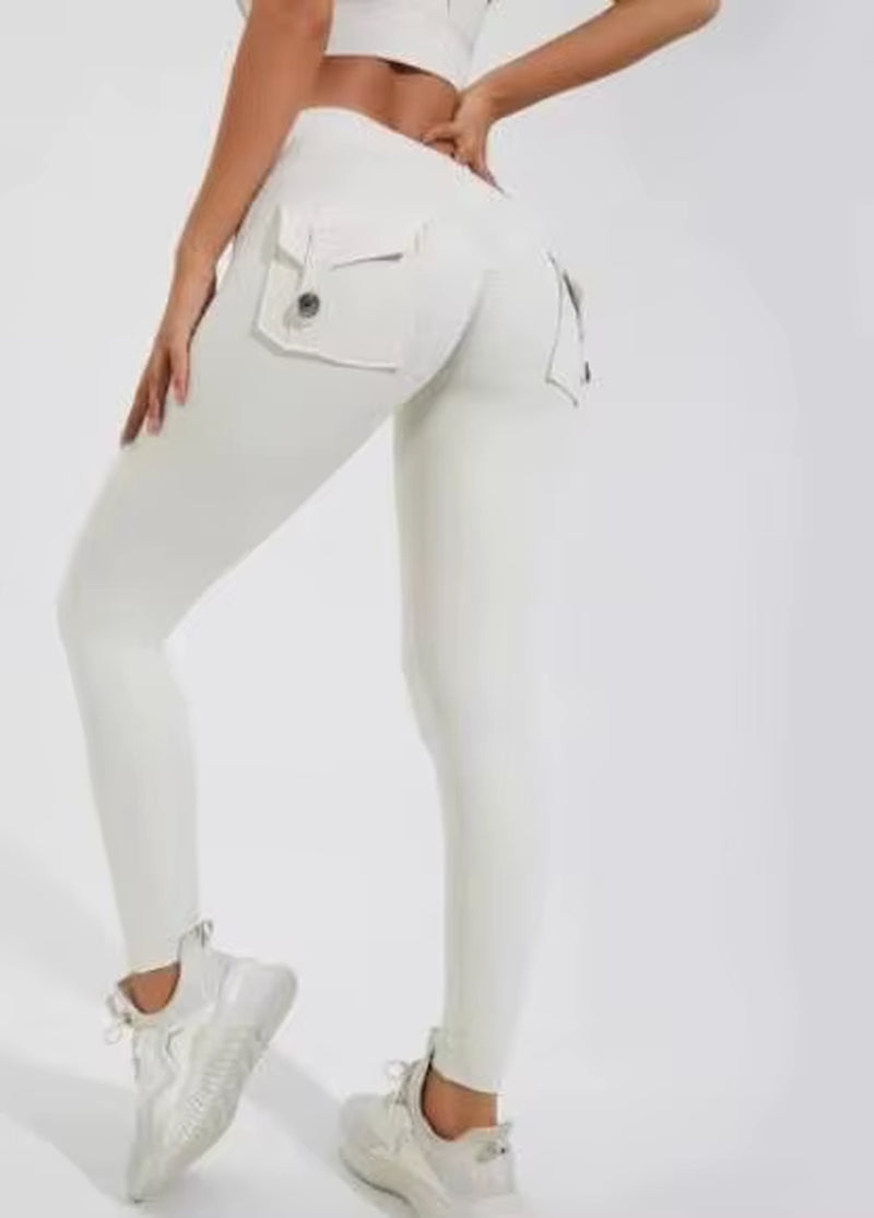 Hot Selling Women'S Sports Fitness Pants Peach Buttocks Cross-Border Cargo Pocket Hip Lift Yoga Solid Seamless Yoga Clot