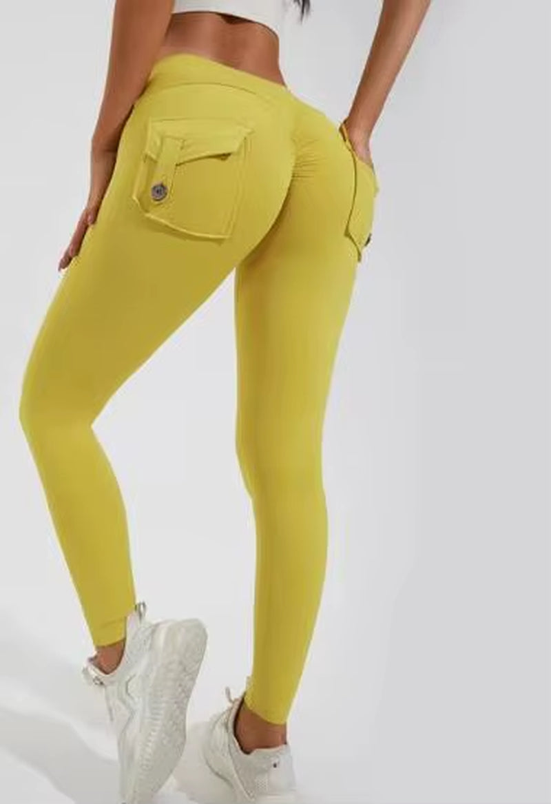 Hot Selling Women'S Sports Fitness Pants Peach Buttocks Cross-Border Cargo Pocket Hip Lift Yoga Solid Seamless Yoga Clot