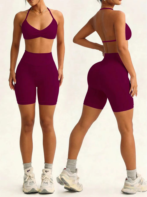 2 Seamless High-Elastic Halter-Neck Back-Slimming Bra High-Waist Butt-Lifting Pants Two-Piece