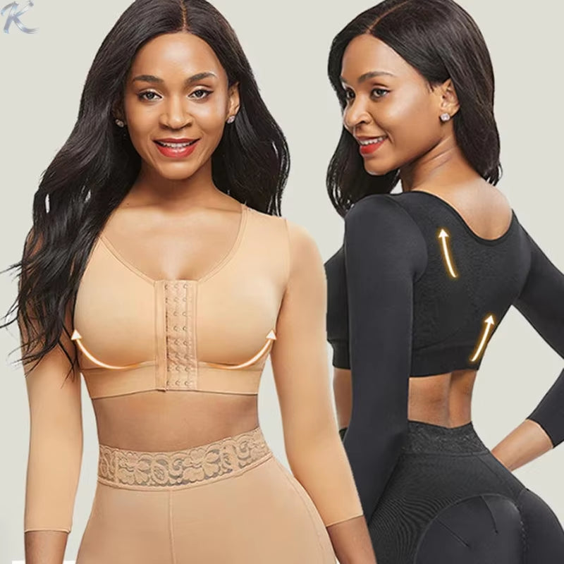 Women'S Front Closure Posture Corrector Bra 3/4 Sleeve Arm Compression Shapewear Top Wireless High Support Compression Bra
