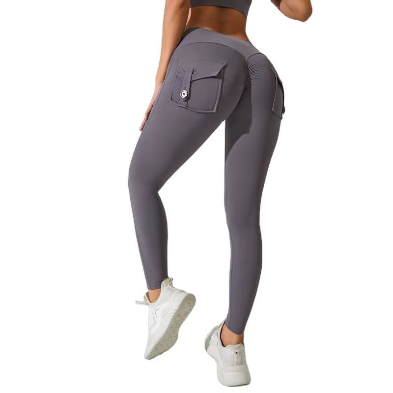 Hot Selling Women'S Sports Fitness Pants Peach Buttocks Cross-Border Cargo Pocket Hip Lift Yoga Solid Seamless Yoga Clot