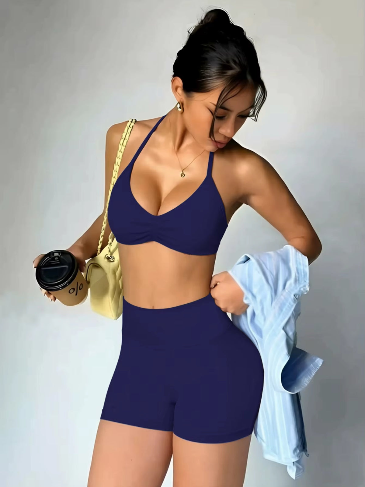 2 Seamless High-Elastic Halter-Neck Back-Slimming Bra High-Waist Butt-Lifting Pants Two-Piece