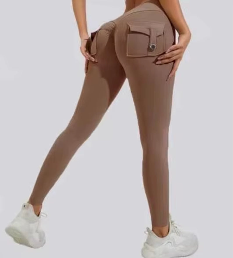 Hot Selling Women'S Sports Fitness Pants Peach Buttocks Cross-Border Cargo Pocket Hip Lift Yoga Solid Seamless Yoga Clot